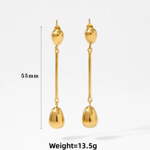 Detailed view of long gold teardrop earrings with 55mm length and polished finish