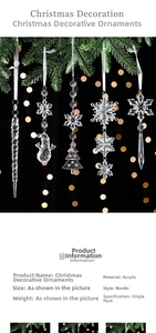 Detailed view of clear acrylic snowflake and icicle pendants hanging on a Christmas tree