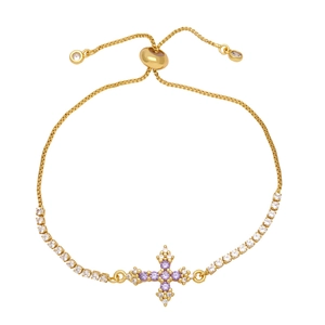 Adjustable gold cross bracelet with purple and clear cubic zirconia on box chain