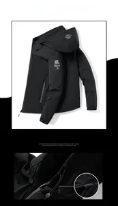 Detail of black hooded jacket with windproof fabric and vertical zipper chest pocket