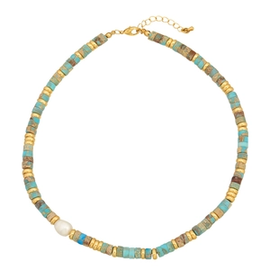 Handmade jasper beaded necklace with freshwater pearl and adjustable gold lobster clasp