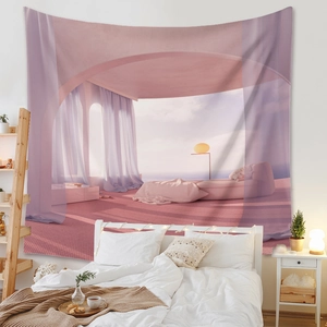 Detail view of surrealist bohemian tapestry with pink and purple gradient arch design
