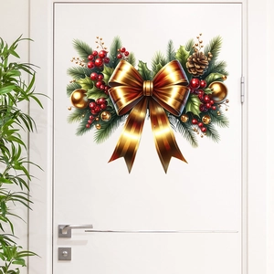 Christmas Wall Sticker PVC Waterproof Golden Bow Pine Needle Red Berry Door Window Home Holiday Decoration Self Adhesive