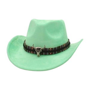 Mint green felt wide brim cowboy hat with ethnic style ribbon and silver bull head decor