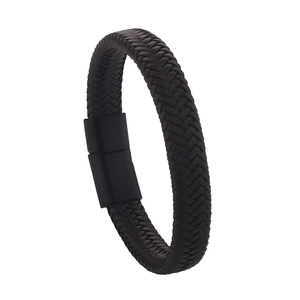 Men's minimalist black woven leather bracelet featuring a sleek black magnetic clasp