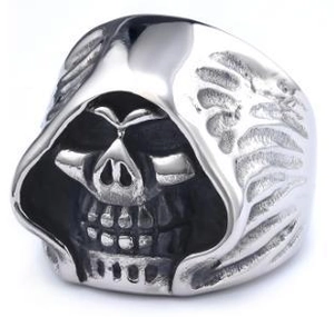 Detailed close-up of a vintage punk gothic skull reaper ring in polished 316L stainless steel