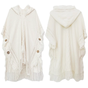 Women Bohemian Knitted Hooded Poncho Shawl Solid Color Tassel Open Front Wrap With Wooden Buttons Warm Autumn Winter Outerwear
