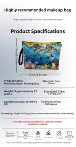 Linen makeup bag detail showing dolphin ocean print, zipper and portable hand strap