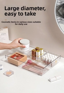 Macro shot of transparent acrylic organizer showing compartments for makeup and brushes