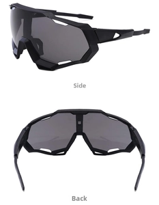 Side and back views of matte black cycling glasses with windproof wrap-around lens