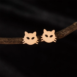 Cute hollow-out cat stud earrings in polished rose gold stainless steel for women