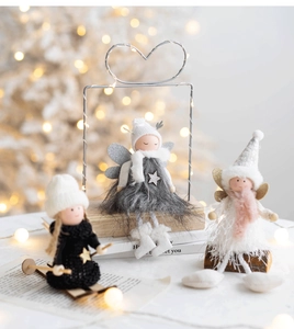Three plush Christmas angel dolls in grey white and black colors with sequins