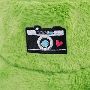Winter faux fur bucket hat in bright green featuring a camera embroidery with pink heart