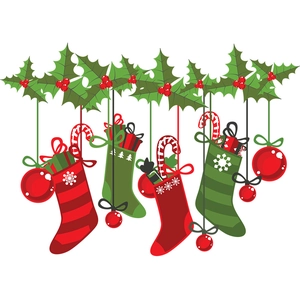 Christmas wall decal with red stockings, candy canes, and festive ornaments on white background