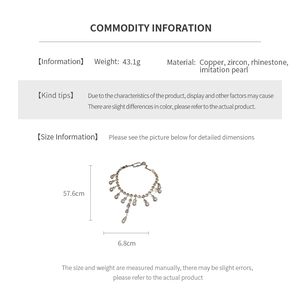 Detailed size and material guide for pearl drop necklace with zircon and copper specs