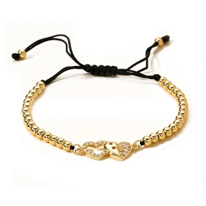 Double Heart Interlocking Bracelet Gold Plated Copper Beads Micro Pave Zircon Adjustable Woven Cord Star Hollow Jewelry