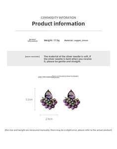 Detailed view of teardrop purple zircon earrings with bead clusters and silver needle posts