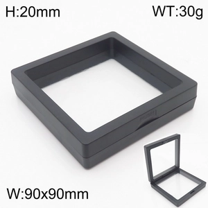 Detail view of 90x90mm black suspension jewelry display box with push-to-open latch