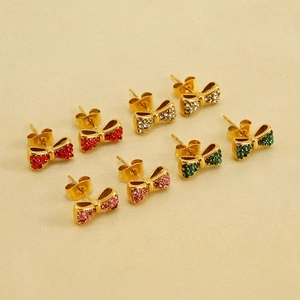 Boucles D Oreilles Noeud Papillon Acier Inoxydable Plaqué Or 18K Zircon Coloré Strass Bijoux Mode Pour Femmes Élégant