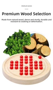 Detail showing the natural premium wood texture and smooth red round game pieces