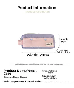 Detail view of purple and pink pencil case with dimensions 20x9x5.5cm and zipper