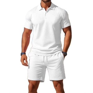 Men's white waffle knit polo shirt and drawstring shorts casual two-piece summer set