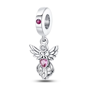 Detail of silver angel charm with pink heart gemstone and sparkling silver wings