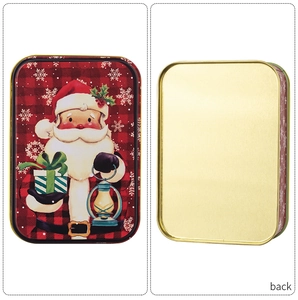 Front and back detail of Christmas tin box with Santa Claus and red plaid patterns