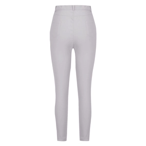 Detail of high waist slim fit light grey denim jeans with back pocket stitching