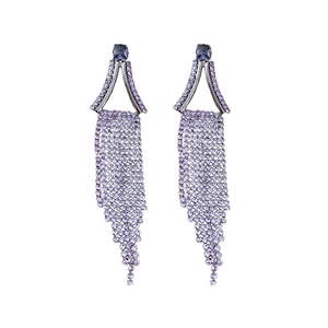 Elegant geometric fringe tassel earrings with light purple rhinestones in silver finish
