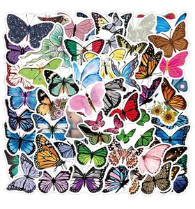 Close-up of assorted waterproof butterfly stickers with glitter and watercolor details