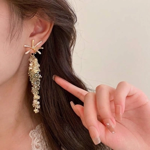 Flower Zircon Crystal Long Tassel Earrings With 925 Sterling Silver Earring Post Gradient Beads Elegant Statement Jewelry