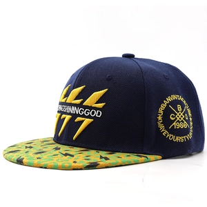 Navy blue flat brim baseball cap with leopard print visor and 3D swag embroidery