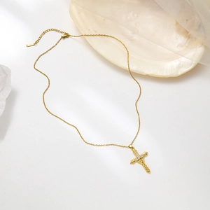Elegant gold hollow sword cross necklace with sparkling diamonds and cloud patterns