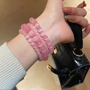 Fairy style set of four pink cat eye stone beaded bracelets for women's gift