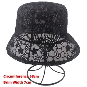 Chapeau bob en dentelle noire et organza pour femme, tour de tête 58cm et bord de 7cm