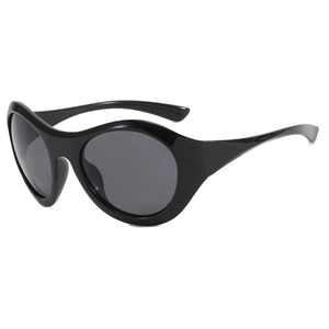 Oversized Y2K futuristic wrap-around sunglasses with unique wavy frame design in black