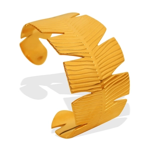 Adjustable golden open cuff bracelet with irregular wave design and leaf vein texture