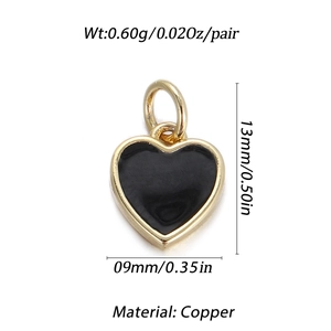 Detailed specs of heart charm with black enamel and gold copper frame, 13mm size