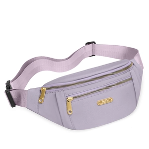 Purple nylon waist bag for women with gold zippers and adjustable strap on white background