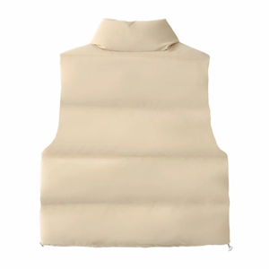 Women standing collar sleeveless padded vest in beige showing the back view on white background