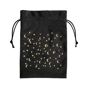 Thick black velvet drawstring pouch with golden star and moon moon tarot card storage