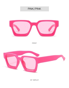 Front and side view of pink chunky square frame sunglasses with thick temples
