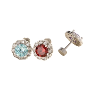 Floral zircon stud earrings in blue and red tones with secure screw back design