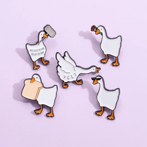 Funny cartoon goose enamel pins set with cute bread and rose designs in white and orange