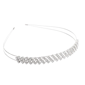 Elegant double-layered silver headband featuring rows of sparkling square rhinestones