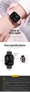 Detailed dimension layout showing 4cm x 3.5cm square LED watch face and silicone strap