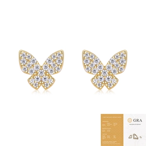 Detailed view of butterfly moissanite stud earrings in gold with GRA certificate report