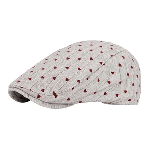 Retro grey herringbone newsboy cap with red heart embroidery and curved brim for women