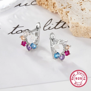 S925 sterling silver star hoop earrings featuring colorful zircon stones for women and kids